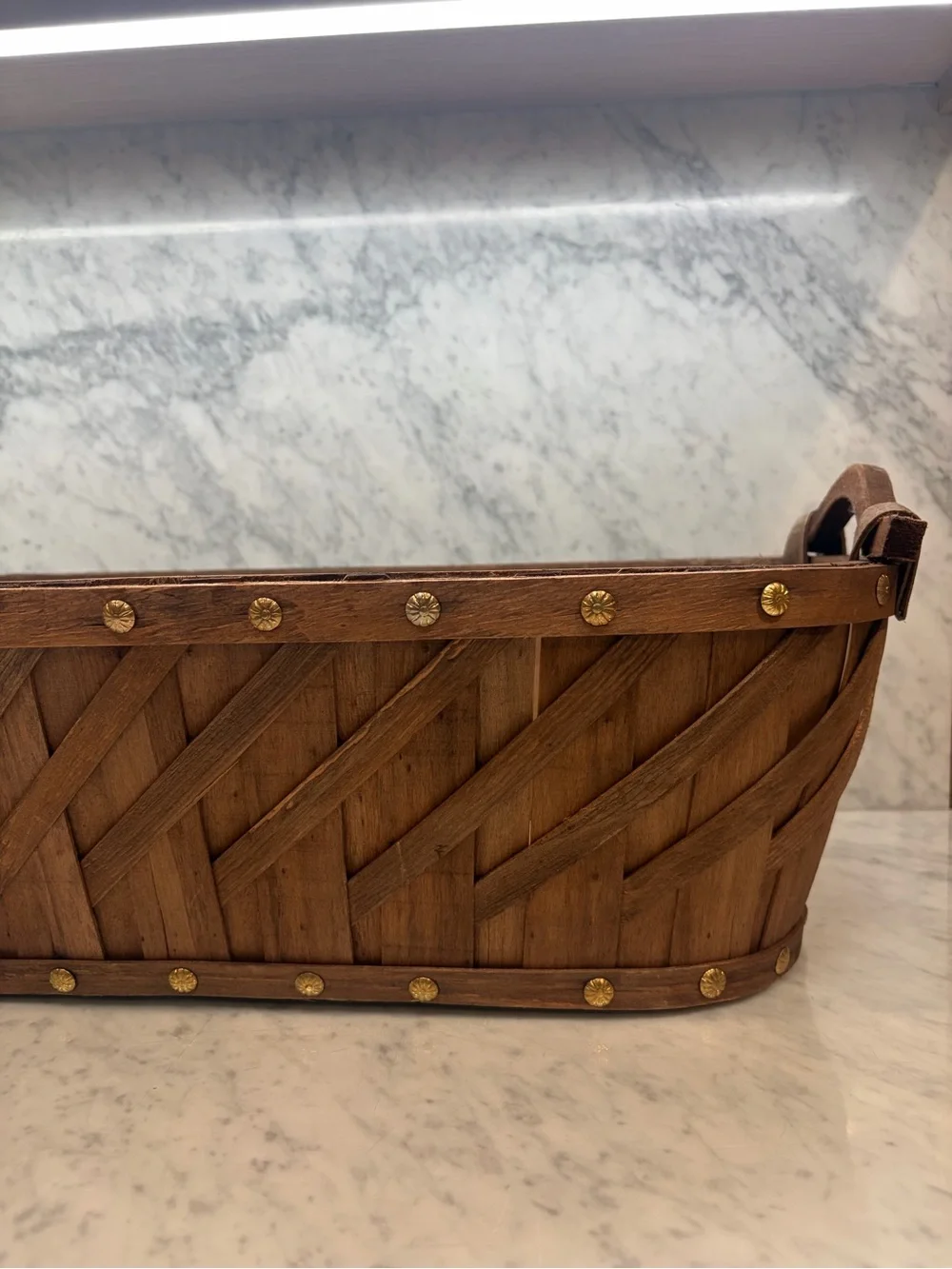 Large Rustic Woven Wood Basket Brass Studs Handles 23” Farmhouse Decor